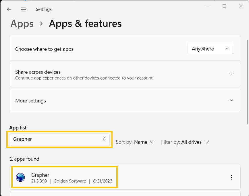 Apps & Features 搜索
